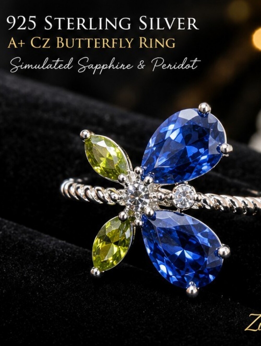 925 Sterling Silver Butterfly Ring Sapphire Peridot A+ CZ Size 6 New in Box Gift